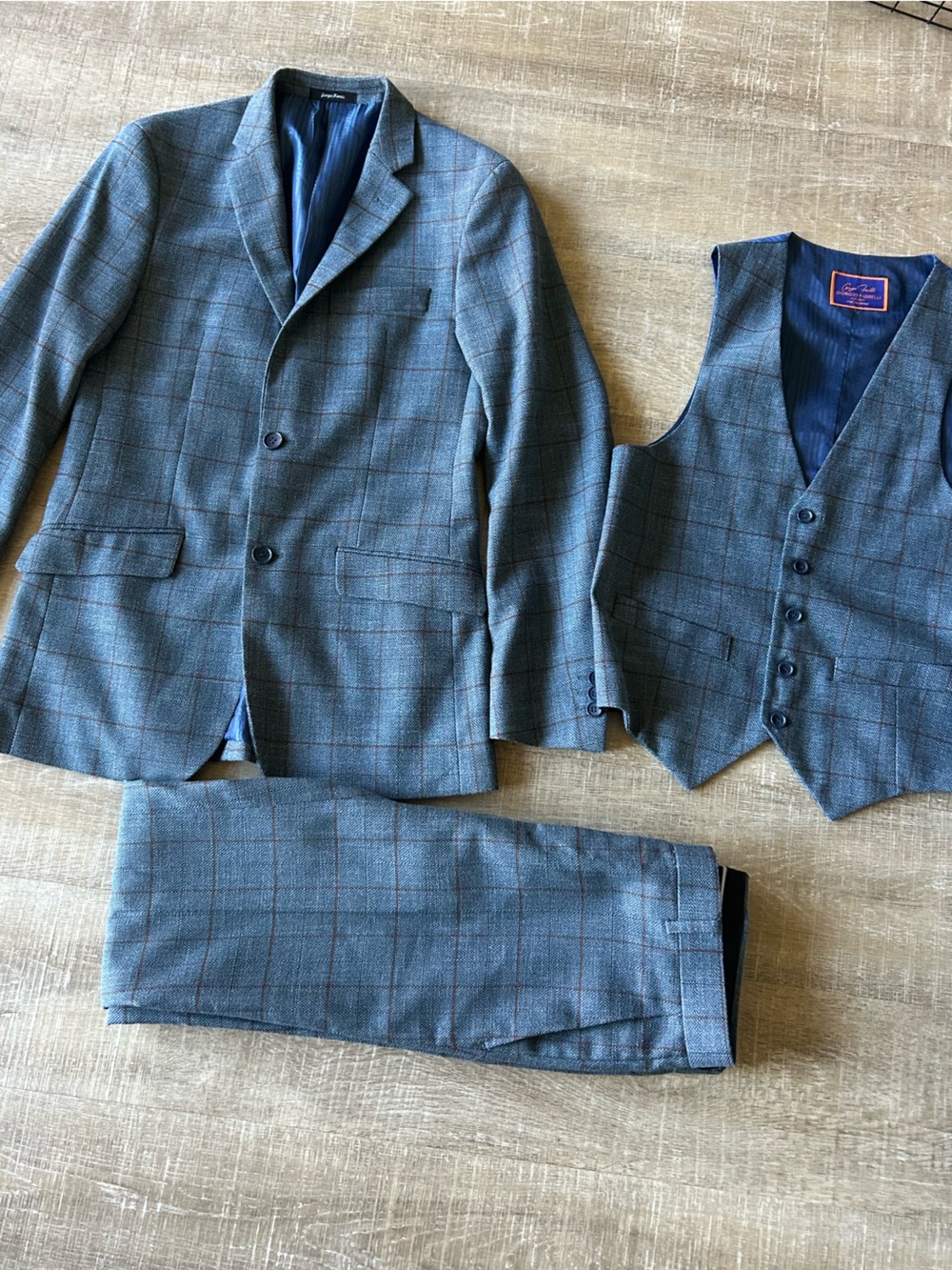 ▶️ Giorgio Fiorelli 3 Pc Suit Gray Blue Windowpane Slim Fit 36R 30W Vest